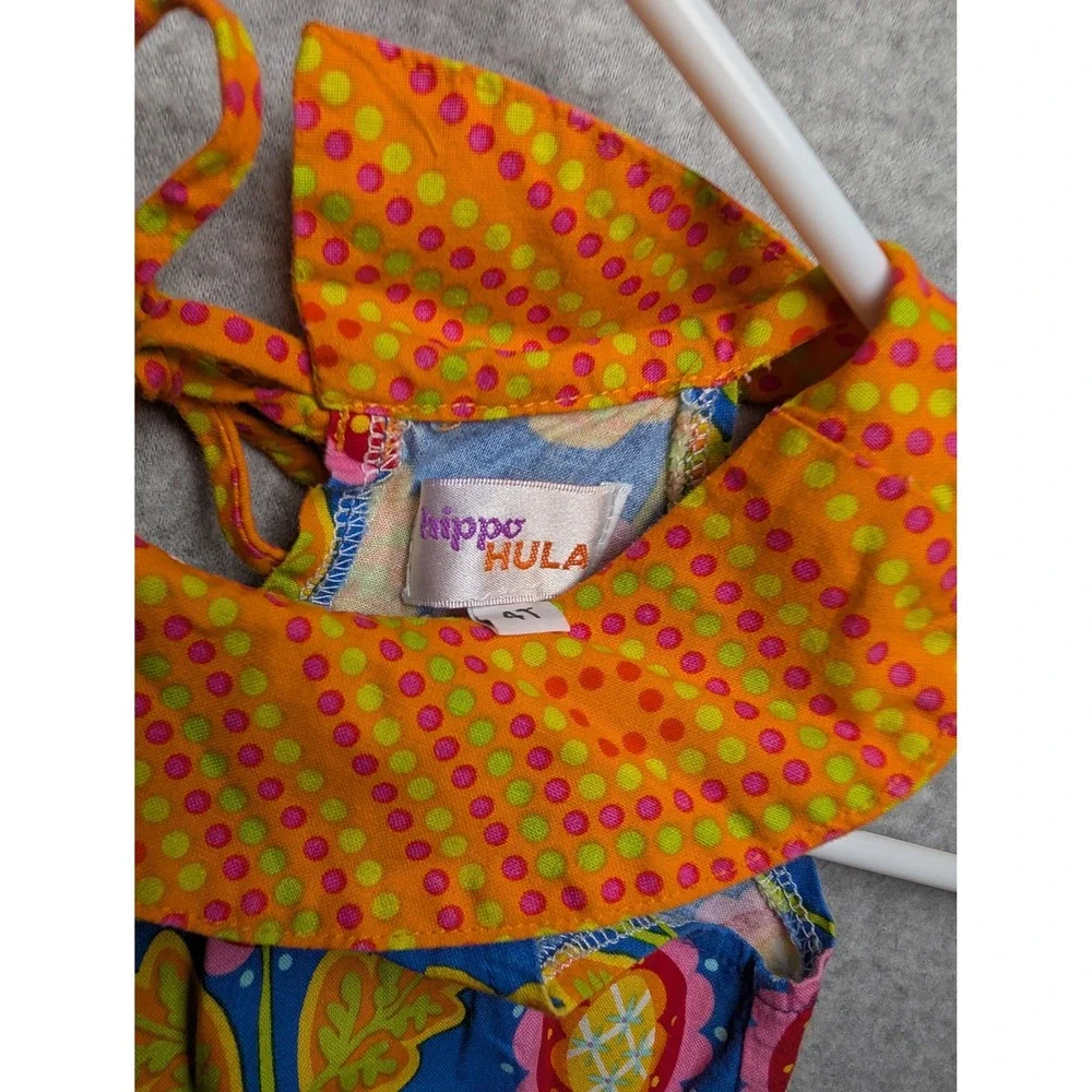 Hippo Hula Girls Dress 4T Blue Floral Halter Orange Polka Dot Collar Kitschy